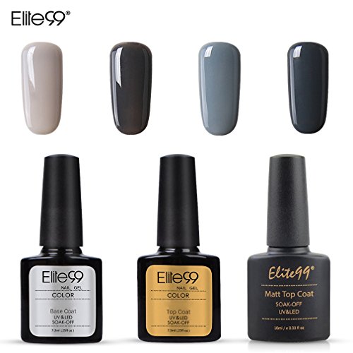 Elite99 Esmalte Semipermanente UV LED 7pcs Kit Uñas de Gel Pintauñas con Base Top Coat, Top Coat Mate, Esmalte de Uñas Soakoff Manicura - Gris 020