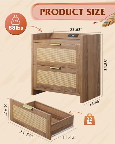 Image of WLIVE Rattan Nightstand Set of 2 with Charging Station, Boho Bedside Table