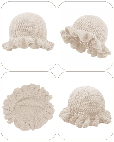 Image of Women Crochet Bucket Hat Cute Winter Ruffled Brim Floppy Cap Handmade Knit Cloche Hats