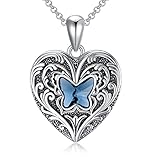 SOULMEET Blue Crystal Butterfly Heart Locket Necklace That Holds 2 Pictures Photo Sterling Silver Custom Jewelry Personalized Locket (Locket only)