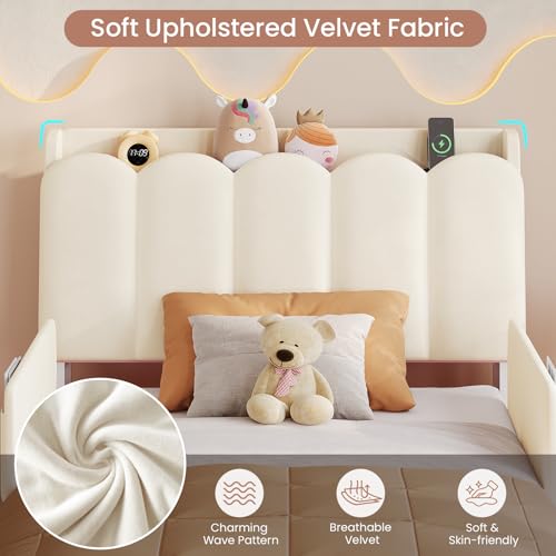 Image of DICTAC Twin Size LED Bed Frame with Storage Drawer and Safety Guardrails, Velvet Upholstered Platform Bed for Kids with Chic Wavy Storage Headboard, Charging Station, Heavy Duty Metal Support, Beige