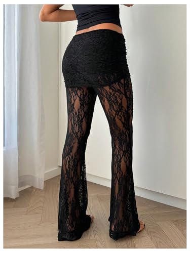 Verdusa Women's Floral Lace Pants Sheer Mesh Flare Leggings Elastic Long Trousers3