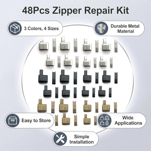 48 Piece Zipper Repair Kit Includes Metal Sliders in 4 Sizes (#3, #5, #8, #10) and Three Colors (Bronze, Platinum, Cast Bronze) for Sewing, DIY and Replacement — view 3