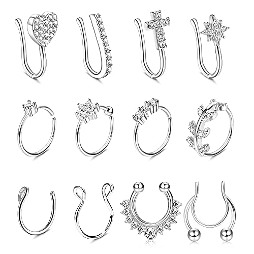 LOYALLOOK 12PCS Fake Nose Ring Hoop Faux Septum Ring Stainlees Steel Clip on Nose Ring Non Piercing Nose Ring