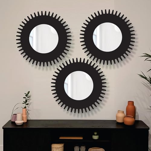 Image of Creative Arts n Frames 11 inch Set of 3 Round Wall Decor Hand Crafted Wooden HD Wall Mirror Panel for Living Room Bedroom Lobby Modern Wall Decor Home Decor Items (Chakra1 Black)