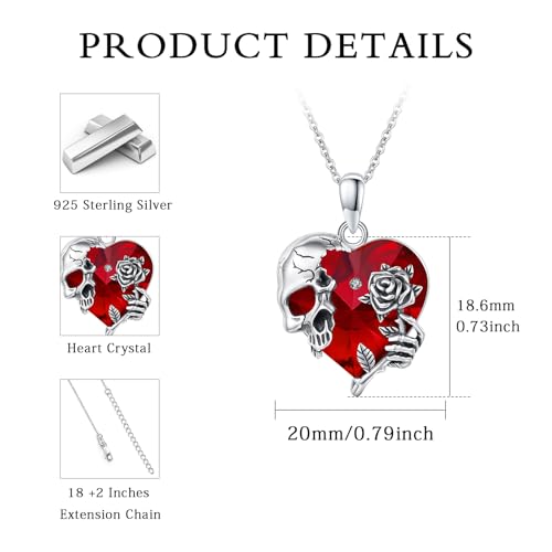 Image of S925 Sterling Silver Skull Pendant Necklace Heart Crystal Birthstone Skull Necklace Gothic Jewlery Gifts