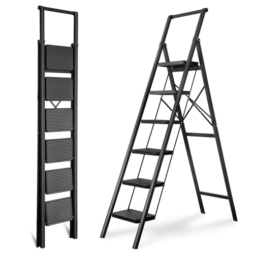 6-Step Folding Ladder with Handrails, 330lbs Capacity