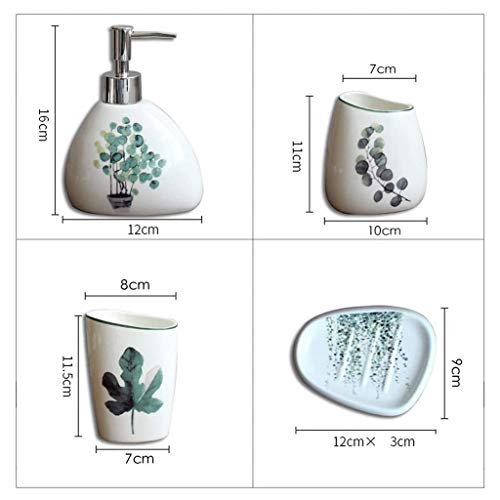 Lotion Dispenser White Ceramics And Green Plant Pattern Bathroom Vanity Countertop Accessory Set - Includes Soap Dispenser Pump, Toothbrush Holder, Tumbler Rinsing Cup, Soap Dish - 5 Pieces #TOP1