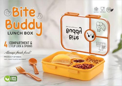 Image of Xmart India Bite Buddy Lunch Box with 4 Compartments Airtight Tiffin Box for School, College & Office Includes 1 Spoons & 1 Fork Lunch Box for Office use, Tiffin Box for School(800ML, Multicolor)