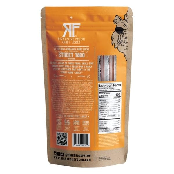 Righteous Felon Craft Jerky Street Taco Pork Sticks, 1 oz, 12-count