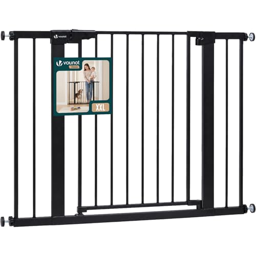 VOUNOT® Barrera de Seguridad Extensible 103 110cm Puerta Seguridad Escalera Pasillo para Perros Mascotas Valla Metálica a Presión sin Taladros Alto 76cm Doble Bloqueo Auto Close Giro Ambos Lados Negro