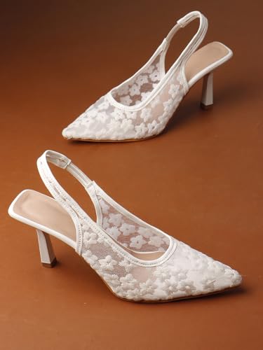 Image of TRYME Women's Floral Embroidered Mesh Mules Style Pointed Toe Slingback Stilettos Heel Sandals
