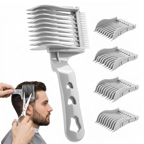 Professional Barber Fade Comb Set with 4 Interchangeable Heads Ergonomic Long Handle Hair Cutting Tool for Home Detachable Fade Comb for Smooth Blending (Grey)