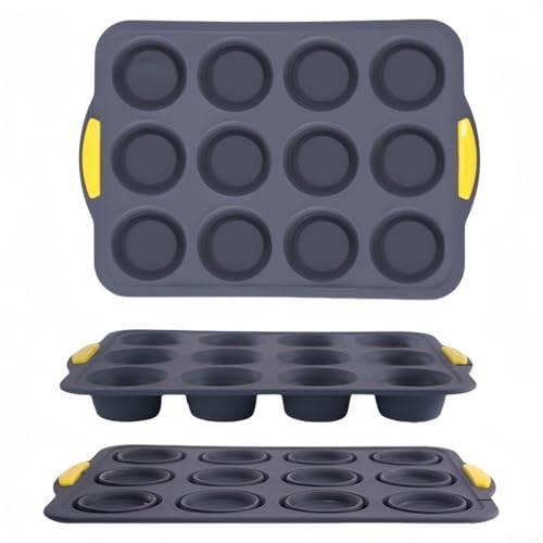 Besttoolifes Plaque de cuisson en silicone à 12 trous avec cadre en acier inoxydable, pour cupcakes et muffins, passe au four, au micro-ondes et au lave-vaisselle