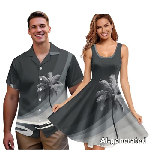 Image of Hawaii Matching Couple Outfits Husband and Wife Clothing Fashionable Mens Casual Shirts Hawaii Dress with Soft Fabric