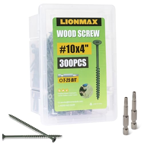Image of LIONMAX Deck Screws 4 Inch, Wood Screws #10 x 4, 300 PCS, Rust Resistant, Exterior Epoxy Coated, Outdoor Decking Screws, Torx /Star Drive Head Screw, T25 Star Bit Included, Green