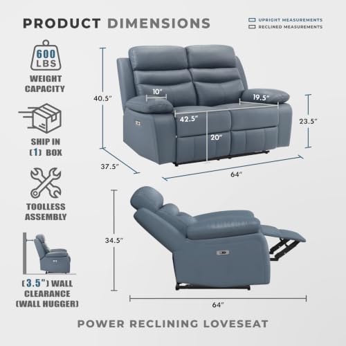 Image of Lexicon Leather Match Power Recliner Loveseat, Wall Hugger Recliner, Blue | 64 inchW Power Double Reclining Loveseat, USB Charging Port, Pillow Top Arms, Home Theater Seating, for Living Room /Apartment
