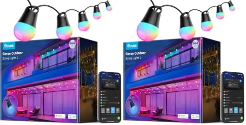 Image of Govee Smart Outdoor String Lights 2, 144ft Outdoor Lights with Dimmable Warm White LED Bulbs, 47 Scene Modes for Patio, Backyard, Balcony, IP65 Waterproof, Works with Alexa, App Control (Pack of 2)