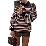 Striped Rugby Polo Shirts Women Y2k Oversized Long Sleeve Sweatshirts Lapel Drop Shoulder Preppy Tops Loose Fall (Black Red White, XL)