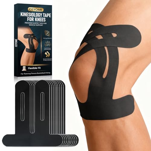CEYOME Kinesiology Tape for Knees 10 PCS Knee Tape for Knee Pain Relief & Support Waterproof Latex-Free & Breathable Athletic Tape for Basketball Running Sports (Black)