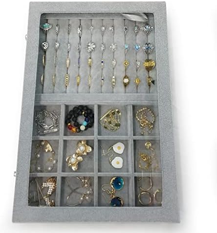 Maymooner Ice Velvet Rings Organiser Box Mix 12 Grids Jewellery Tray Display Showcase with Clear Lid and Lock Grey