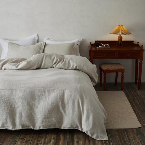 Simple&Opulence 100% Washed Linen Duvet Cover Set 104\"x92\" - 3 Pieces Soft Farmhouse Comforter Set Double Embroidered with Button Closure - 1 Duvet Cover and 2 Pillowshams (Linen, King)