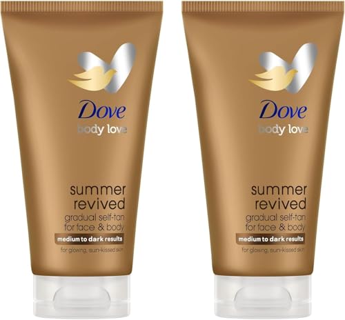 Dove Selbstbräunungslotion für Gesicht und Körper Summer Revived Für Mittlere und Dunkle Hauttypen Stufenweise Bräunung Natürliches Finish 72H Feuchtigkeit Mit Aloe Vera-Extrakt 2x 75 ml