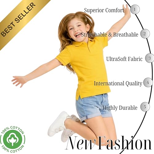 Image of Kids Girls Polo T-Shirt | Half Sleeves | 100% Organic Cotton Rich Bio-Wash Fabric | Ultra Soft & Breathable | Regular Fit | Plain Solid Color Casual Wear & School Uniform