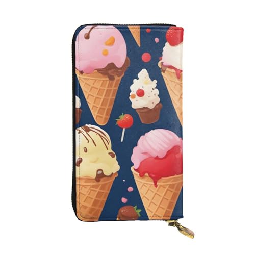 Sweet Ice Cream Picture Leather Long Clutch Wallet for Fashionable Girls and Women - Durable, Stylish, and Functional, Black, One Size