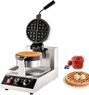 VEVOR Commercial Waffle Maker, 1300W Round Waffle Iron, Non-Stick Rotatable Waffle Baker Machine With 122-572℉ Temp Range and Time Control, Teflon-Coated Baking Pan Stainless Steel Body 120V