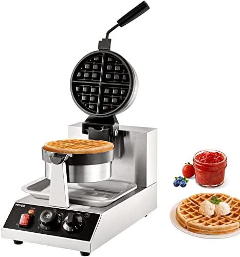 VEVOR Commercial Waffle Maker, 1300W Round Waffle Iron, Non-Stick Rotatable Waffle Baker Machine With 122-572℉ Temp Range and Time Control, Teflon-Coated Baking Pan Stainless Steel Body 120V