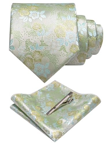 JEMYGINS Silk Sage Green Floral Tie Necktie and Pocket Square Hankerchief and Tie Bar Clip Sets for Men(48)