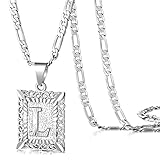 KissYan Initial Letter Pendant Necklace for Men Women, White Gold Plated Square Capital Monogram Necklace Alphabets from A-Z Figaro Chain Jewelry (White Gold L)