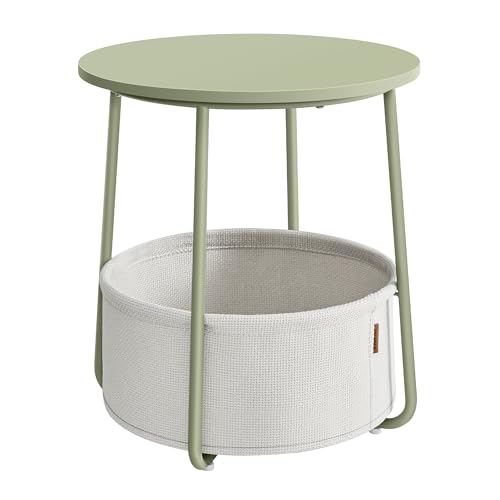 VASAGLE Side Table, Round End Table with Fabric Basket, Spacious, for Living Room Bedroom, Bedside Table, Modern Style, Laurel Green and Cream White LET223C69
