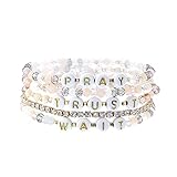Inspirational Message Multi Strand Beaded Stackable Stretch Bracelets for Women – Pray Trust Wait -
