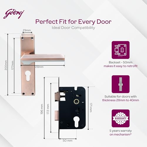 Image of Godrej Mortise Lock | 200mm Plate | 8 inch handle | NEH 23 | Double Throw Deadbolt | 3 Keys | Reversible Left /Right Handed|Door Lock For Home, Main Door | Black Antique Copper Finish | 1 Year Warranty