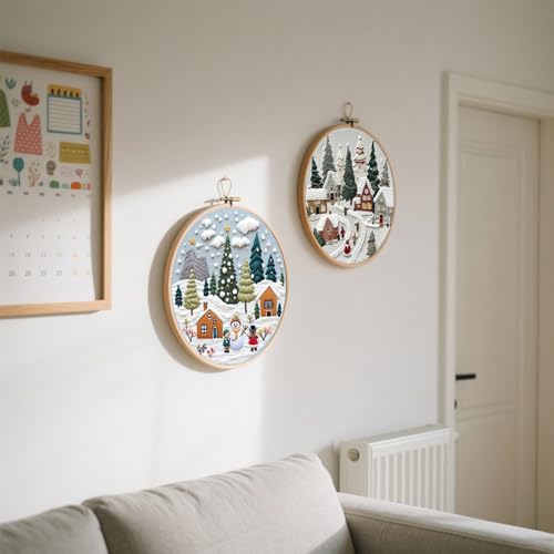 Image of Offizon Christmas Embroidery Kit for Beginners, 2 PCS Starter Cross Stitches, Winter Night Santa Handicrafts, Merry Chistmas