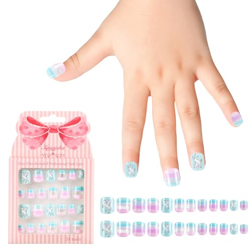 Kawyehu Kids Press on Nails Children Fake Nails Artificial Nail Tips Adhesive Full Cover Short False Fingernails for Girls Kids Nail Decoration (Glittering Pegasus)