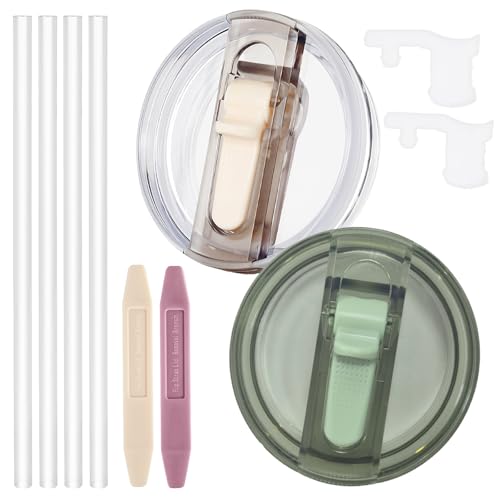 Dsnirasy 2 Pcs Spill Proof Tumbler Flip Straw Lid for Stanley Cup, 30oz Leak Proof Lid for Stanley H2.0 Quencher ProTour, with Removable Nozzle (Green+Cream)