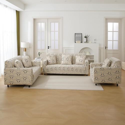 Image of HOKIPO 'Elira Series' Stretchable Cushion Cover for Sofa 16 inch x 16 inch, Pack of 2, Natural Beige Abstract Art (NEW2-4993-C4*2)