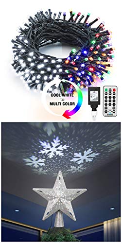 Brizled 200 LED Cool White & Multi Color Changing Christmas Lights + 3D Glitter Silver Star Christmas Tree Topper with White Snowflake Projector for Christmas, Tree, Home, Indoor Decorations