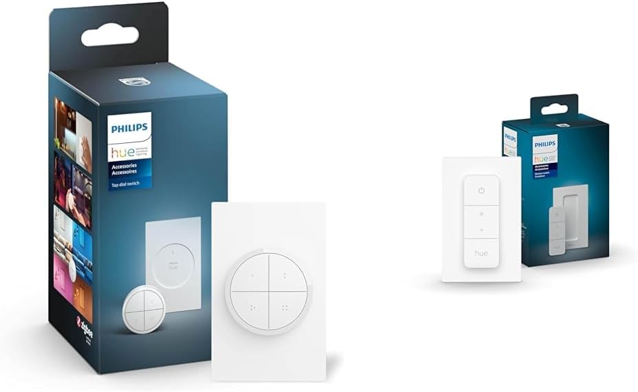 Philips Hue Wall Tap Dial Light Switch and Smart Dimmer Switch in packaging