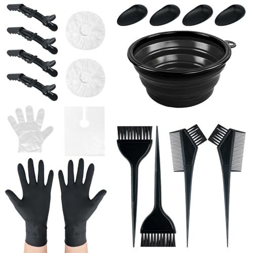 NEPAK 18 Pcs Hair Dye Brush and Bowl Kit,Hair Dying Tools Kit,DIY Beauty Salon Hair Bleaching Tools,Including Mixing Bowl, Ear Cover, Hair Shawl, Gloves, Hair Clips