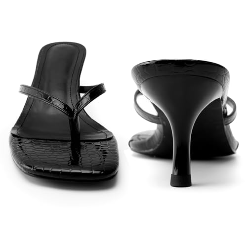 DREAMCIA Square Toe Thong Heeled Sandals Stiletto Slip On Kitten Slingback Flip Flop Heels Slides Summer2