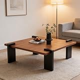 31'' Walnut Square Coffee Table, Mid-Century Modern Solid Wood Coffee Table, Minimalist Low Profile Center Table with Sturdy Black Legs, for Living Room, Apartment, Office and Leisure Area