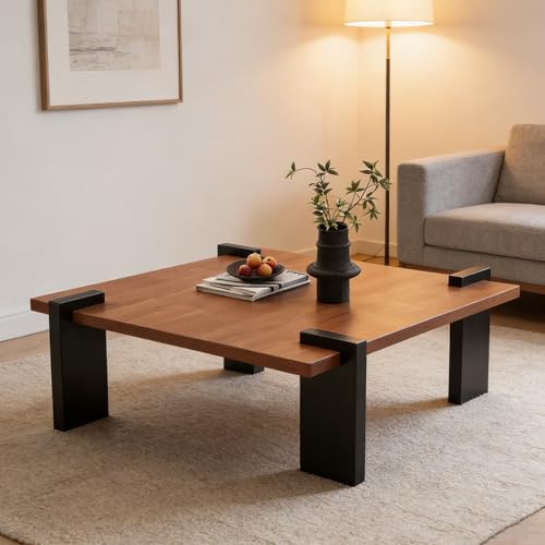 31'' Walnut Square Coffee Table, Mid-Century Modern Solid Wood Coffee Table, Minimalist Low Profile Center Table with Sturdy Black Legs, for Living Room, Apartment, Office and Leisure Area