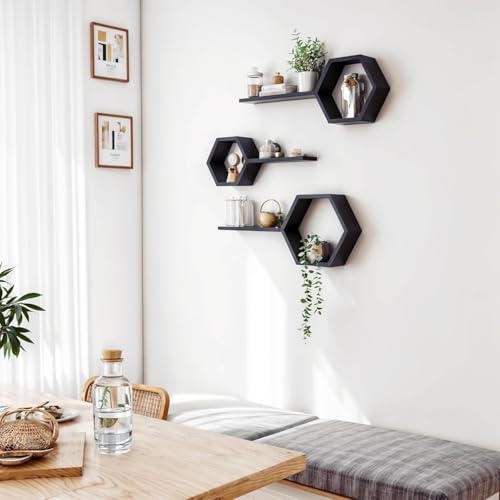 Image of Engineered Wood Woden Hexagonal Shape Wall Hanging Rack Floating Shelves for Display for Photos,Plants Living Room, Bedroom,Bathroom, Kitchen, Office (Black)