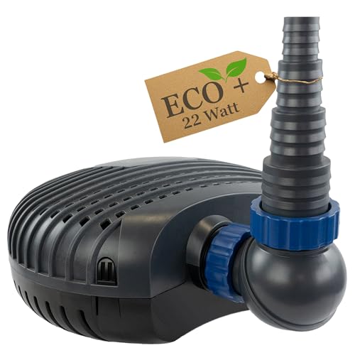 ECO Teichpumpe KEE05000-5000 L/H, nur 22 Watt energiesparend, Vorfilterkammer, 3m Förderhöhe, 10m Kabel, Wasserpumpe für Brunnen, Teich und Bach, Brunnenpumpe | Gartenteichpumpe