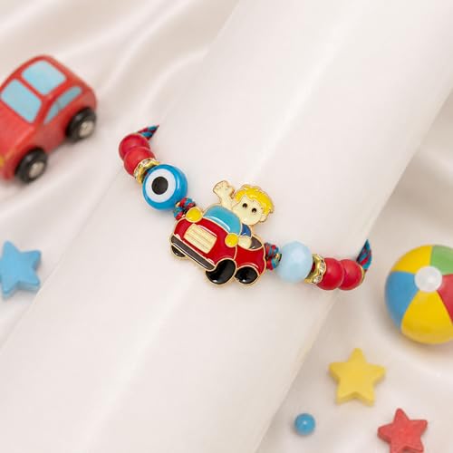 Image of To The Nines Rakhi Gift Set for Kids - Rakhi With Car Planter, Car Key Chain, Tilak Material and Greeting Card