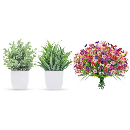 Der Rose Bundle of 2 Pack Small Fake Plants and 24 Bundles Artificial Flowers for Garden Porch Window Box Home Decor